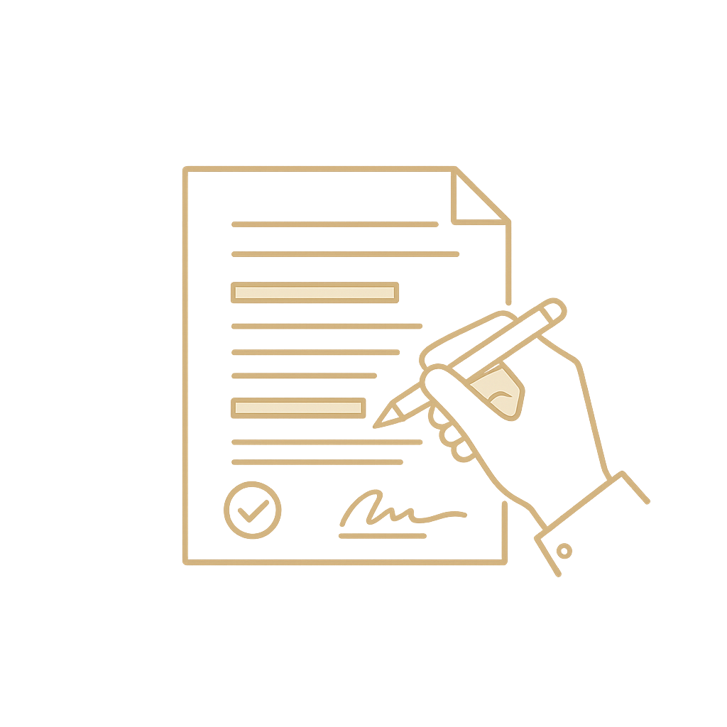 Glowing icon of hand signing a document with text lines and checkmark.