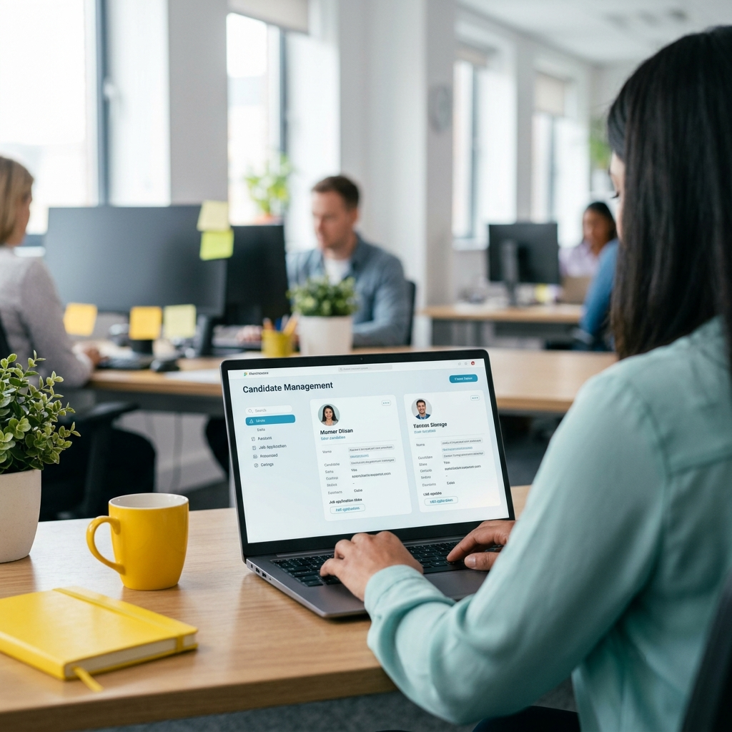 HR-Managerin am Laptop im modernen Büro, prüft Bewerbungen im Hiring-Center