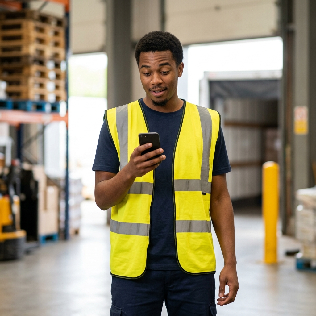 Blue-Collar-Arbeiter im Lager bewirbt sich per Smartphone mit der Expressbewerbung