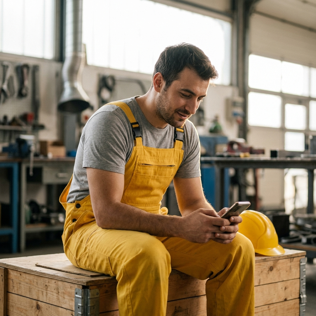 Blue-Collar-Arbeiter in gelber Arbeitskleidung liest mobile Stellenanzeige auf dem Smartphone
