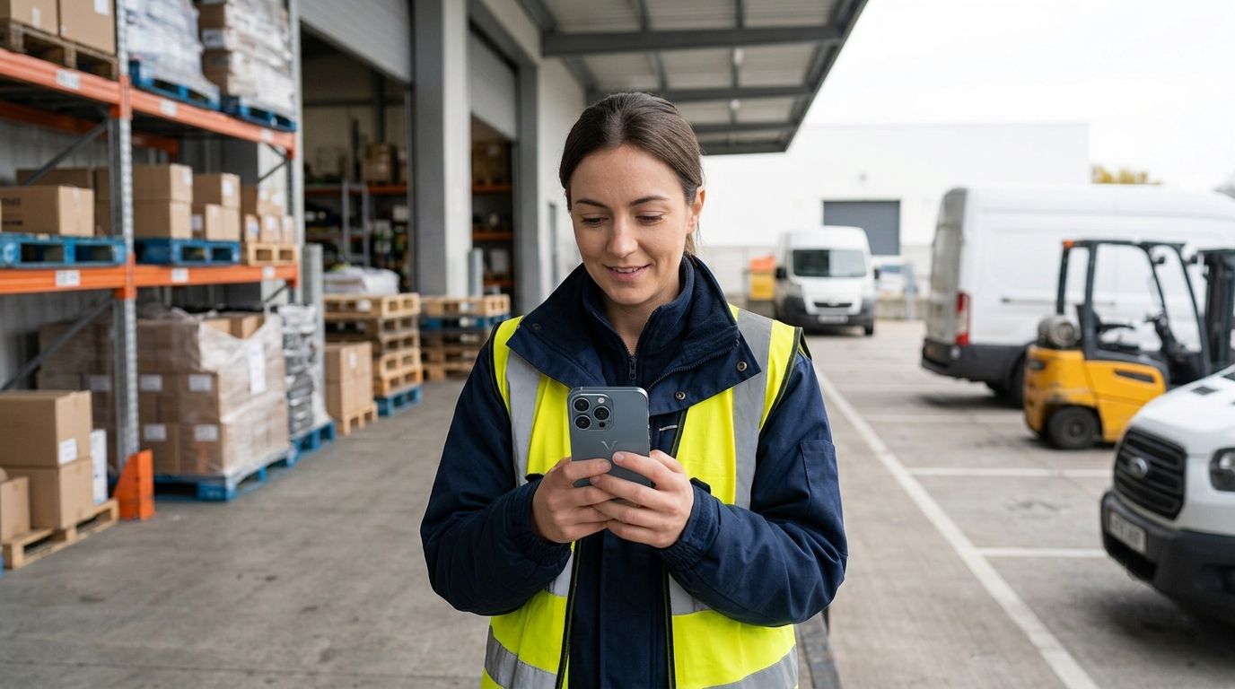 LKW-Fahrer lächelt aus der Fahrerkabine und hält sein Smartphone in der Hand