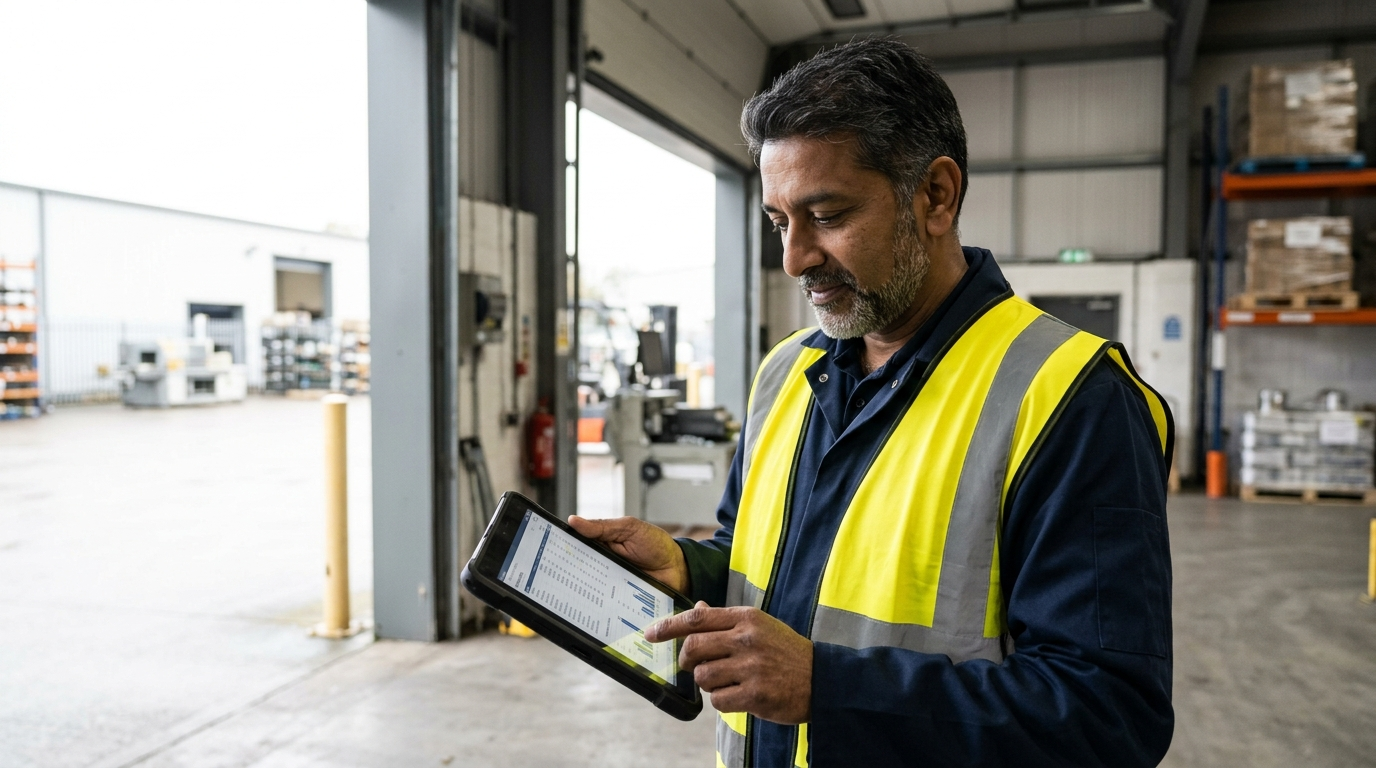 Lagermitarbeiter mit Sicherheitsweste prüft Bestand auf einem Tablet in der Lagerhalle