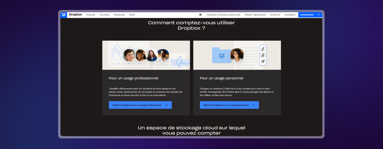 Page Dropbox qui guide l'utilisateur