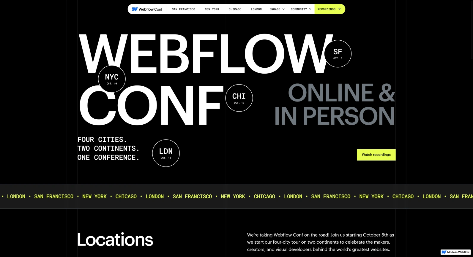 Webflow Conf homepage with the conference dates