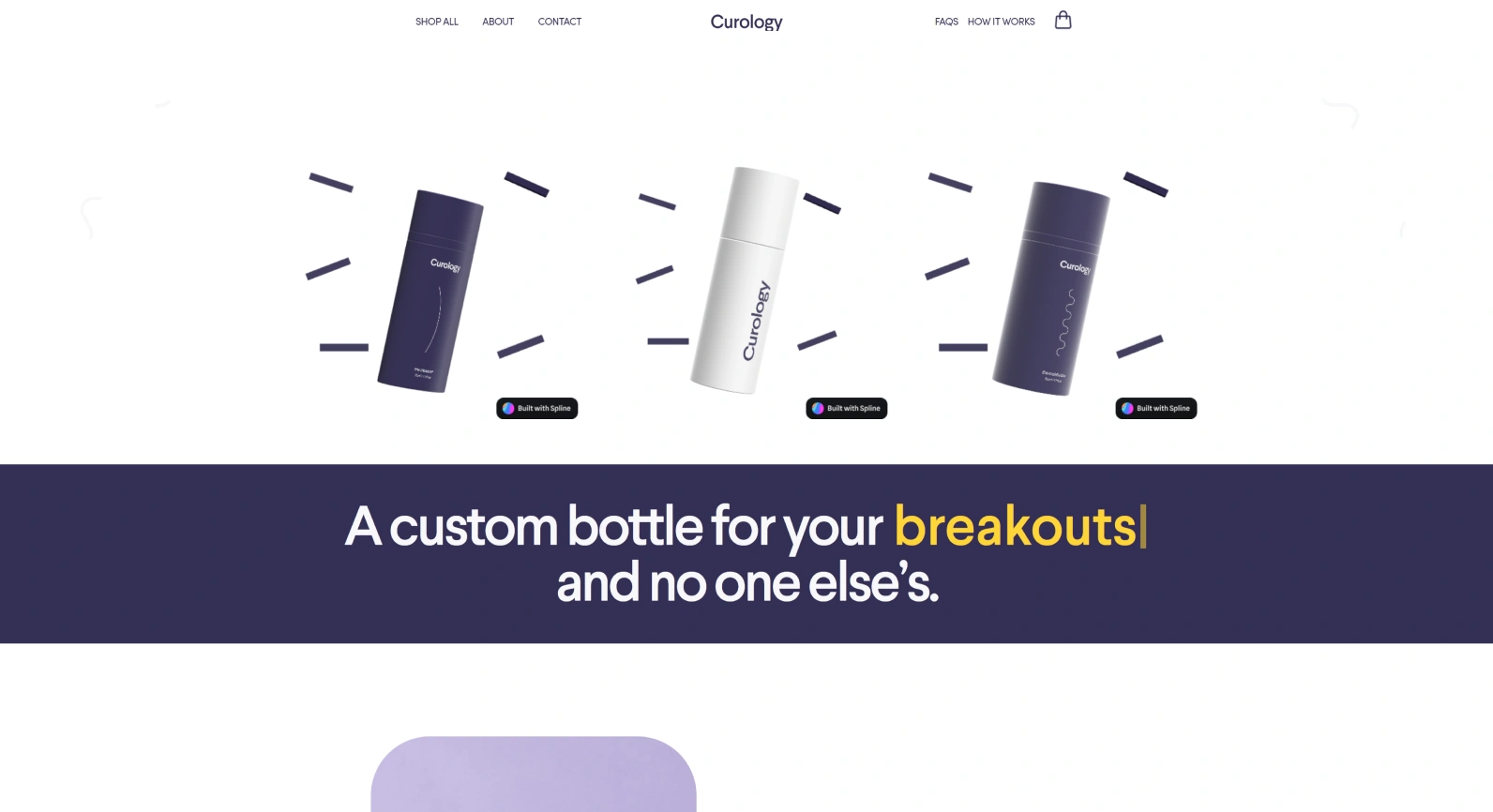 Curology homepage with 3D Spline products