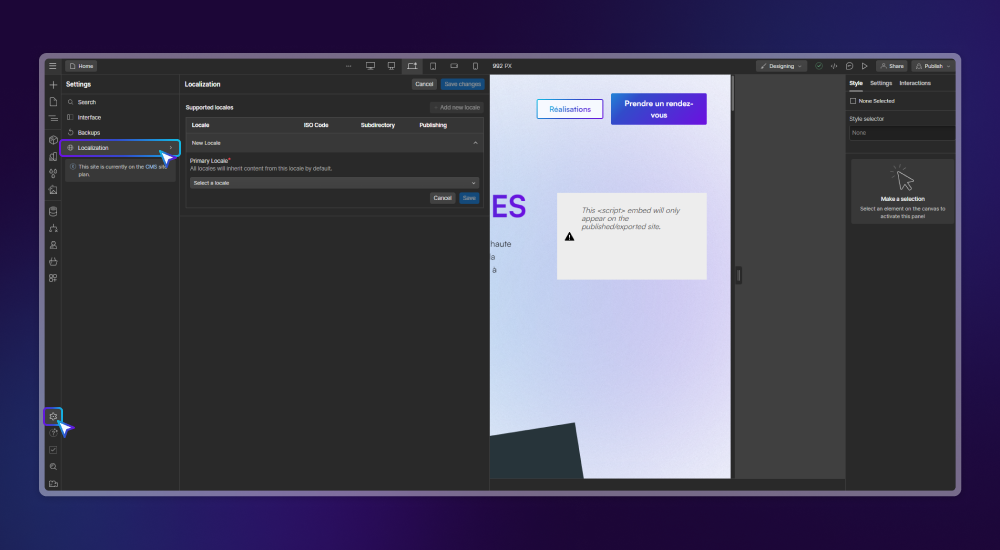 Webflow interface for Localization settings