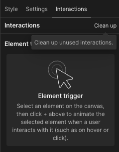 Webflow Interactions panel and Clean Up option