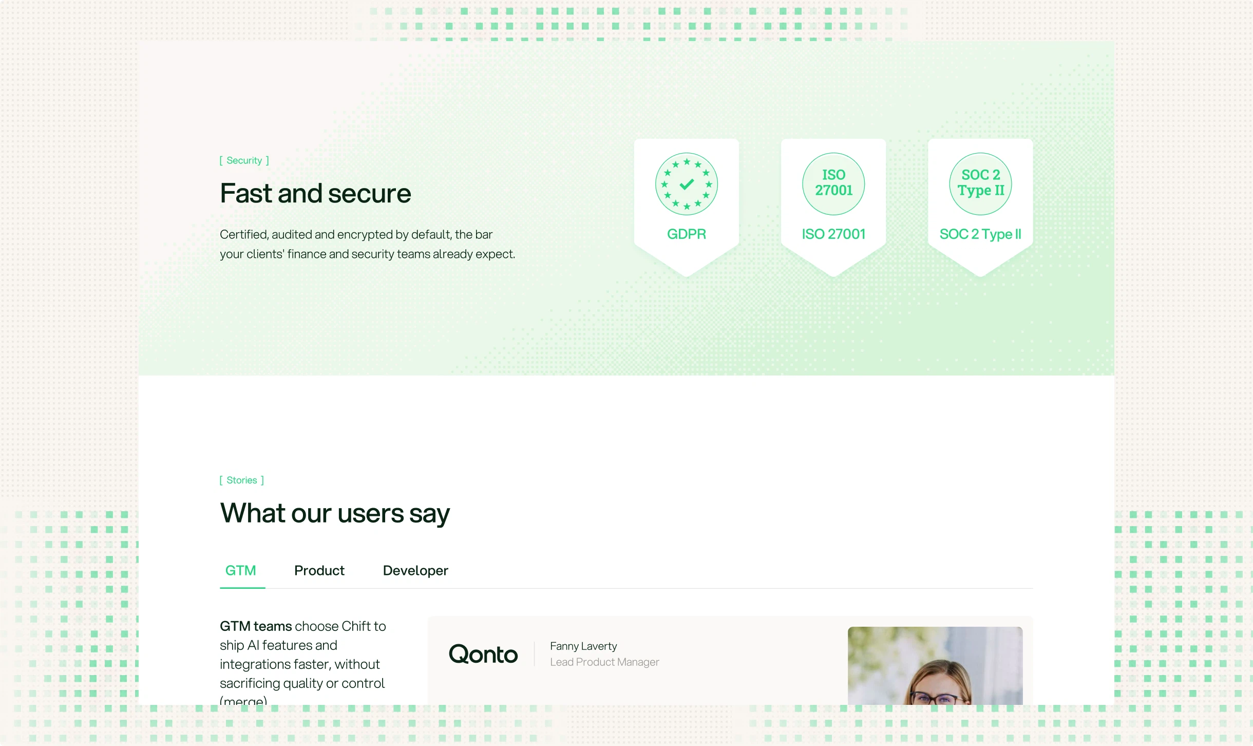 Vue d'ensemble des pages du site Chift