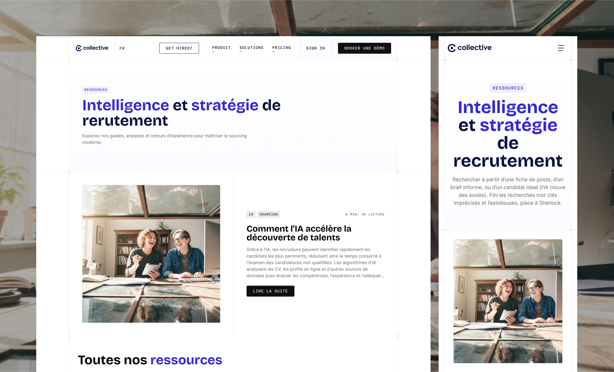 Vue d'ensemble des pages du site Collective