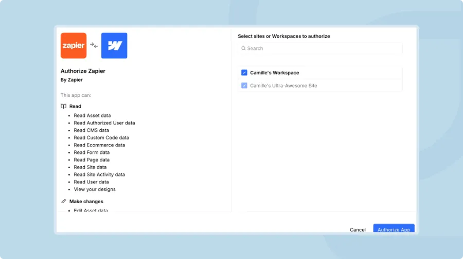 La connexion entre Webflow et Zapier avec l'application