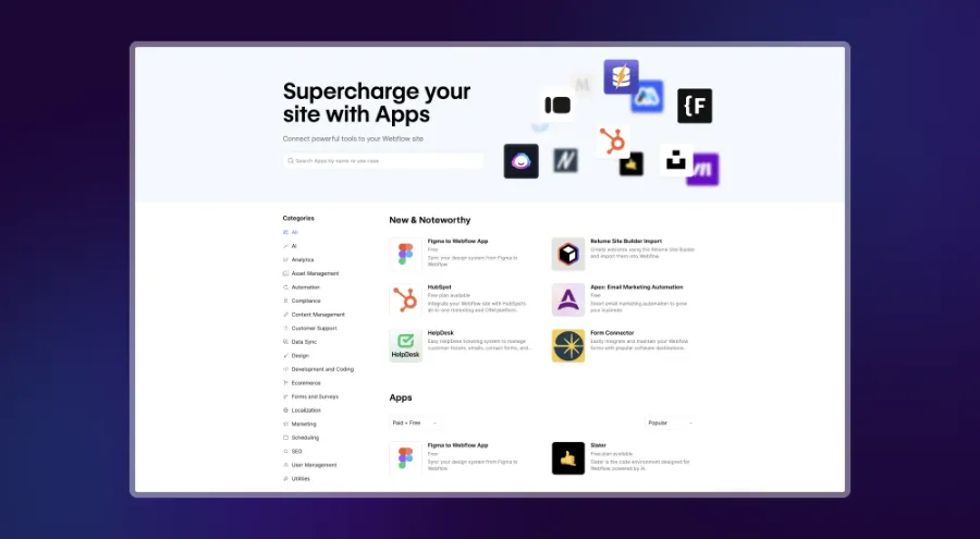 Apps and integrations in Webflow, Webflow vs Bubble, comparing the two no-code tools