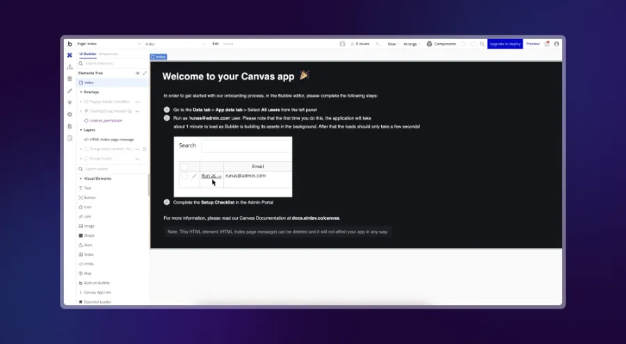 The Bubble.io interface, Webflow vs Bubble, comparing the two no-code tools