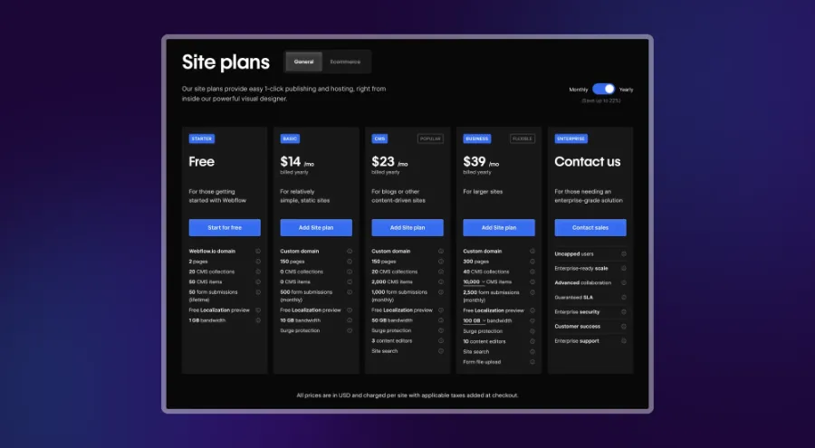 Webflow pricing, Webflow vs Bubble, comparing the two no-code tools