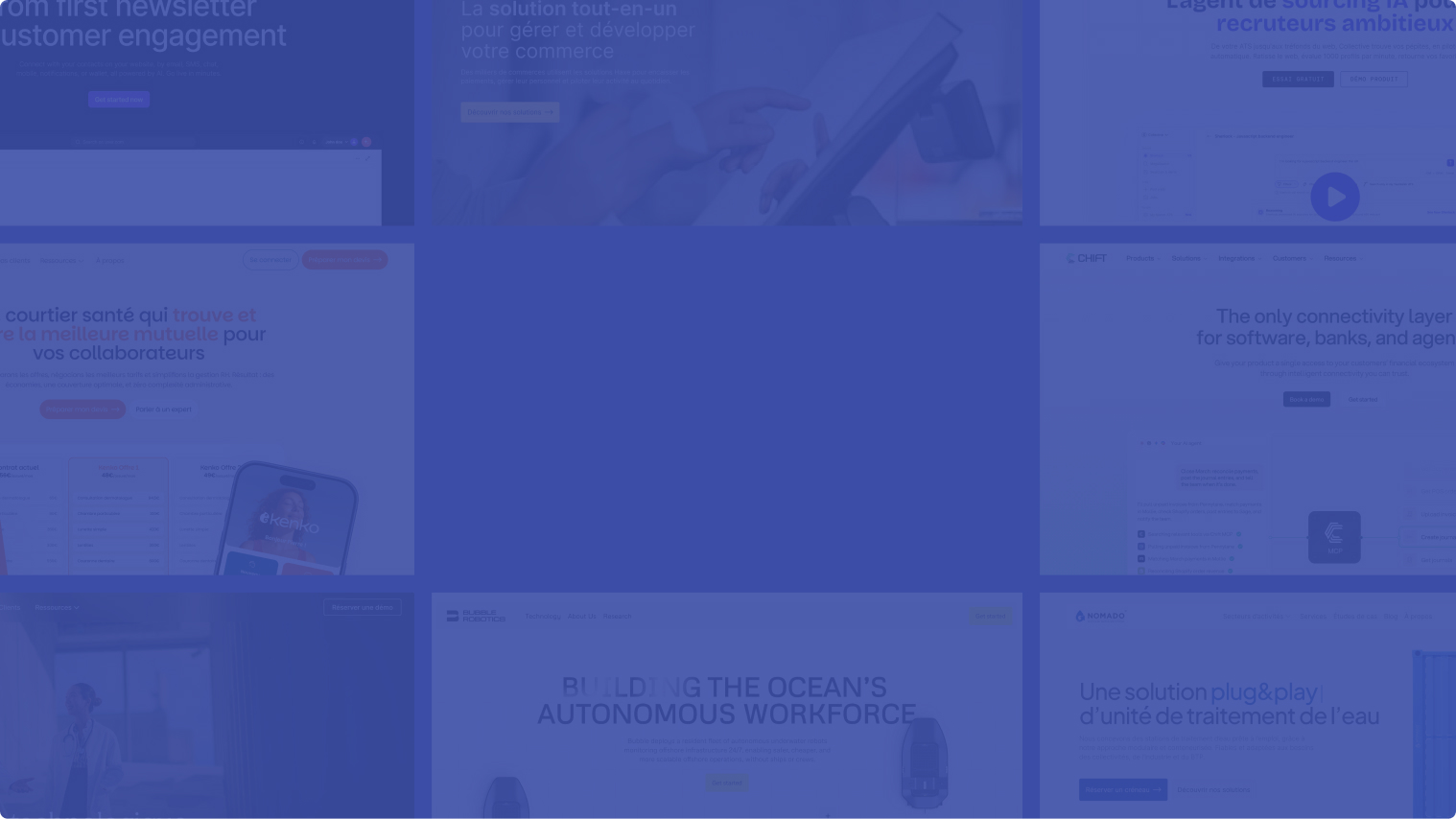 Mosaïque de pages web réalisées sur Webflow sur fond bleu