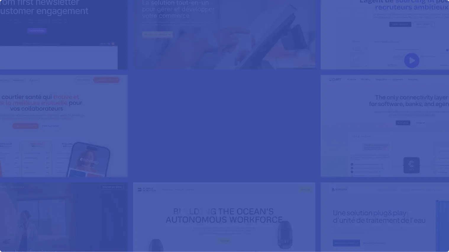 Mosaïque de pages web réalisées sur Webflow sur fond bleu