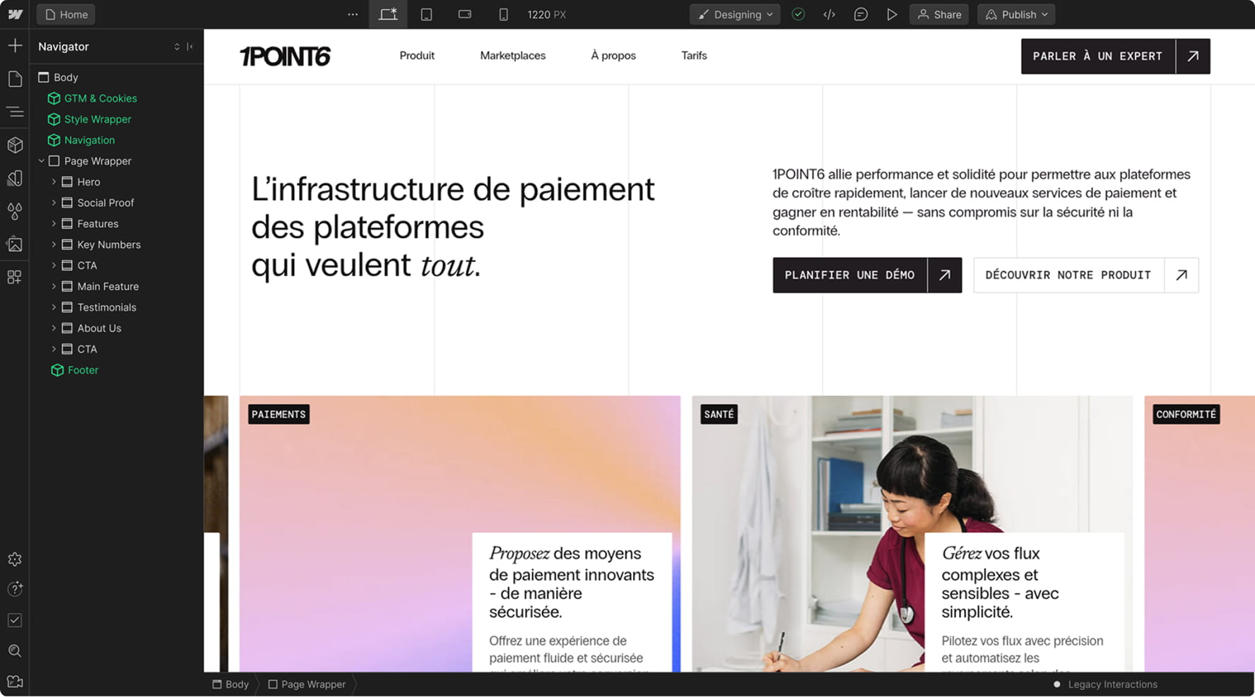 Site 1POINT6 en cours de construction dans le Designer Webflow