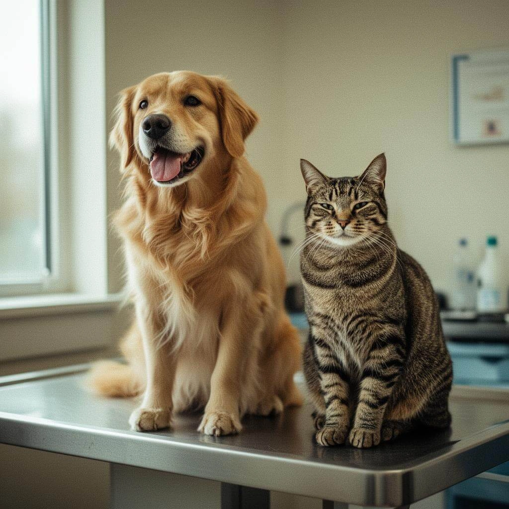 A dog and cat seated on a veterinary examination table