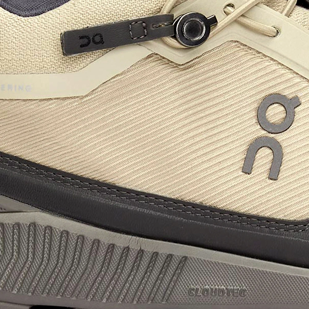Close of up On-Running running shoe with on-running log in focus