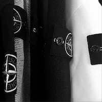 Collage of clothing with distinct logo patches in black and white.