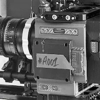 A black and white close-up photo of a professional cinema camera on set during e-commerce photography at LRP studios.