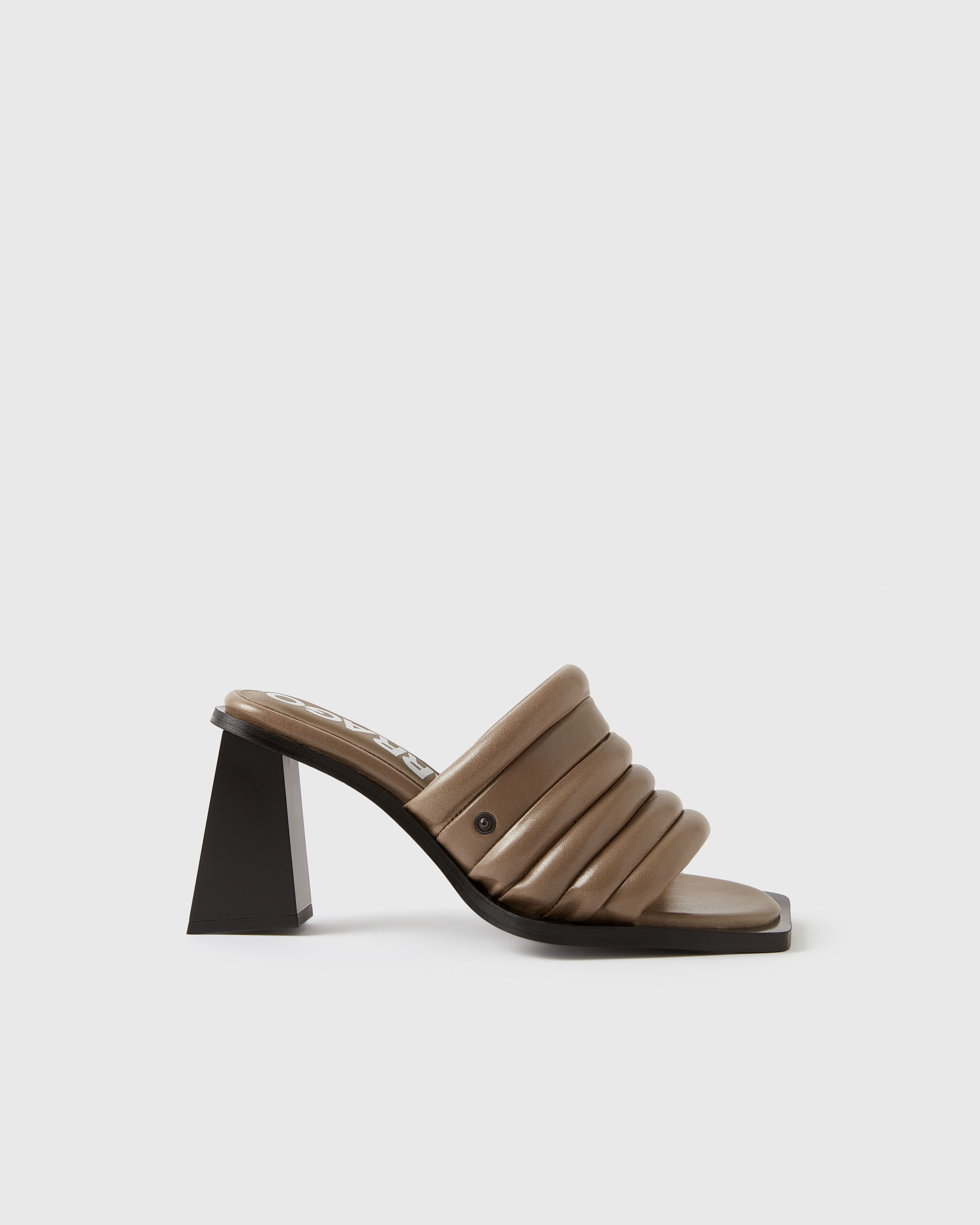 Product photography of a brown  pair of Farrago mules