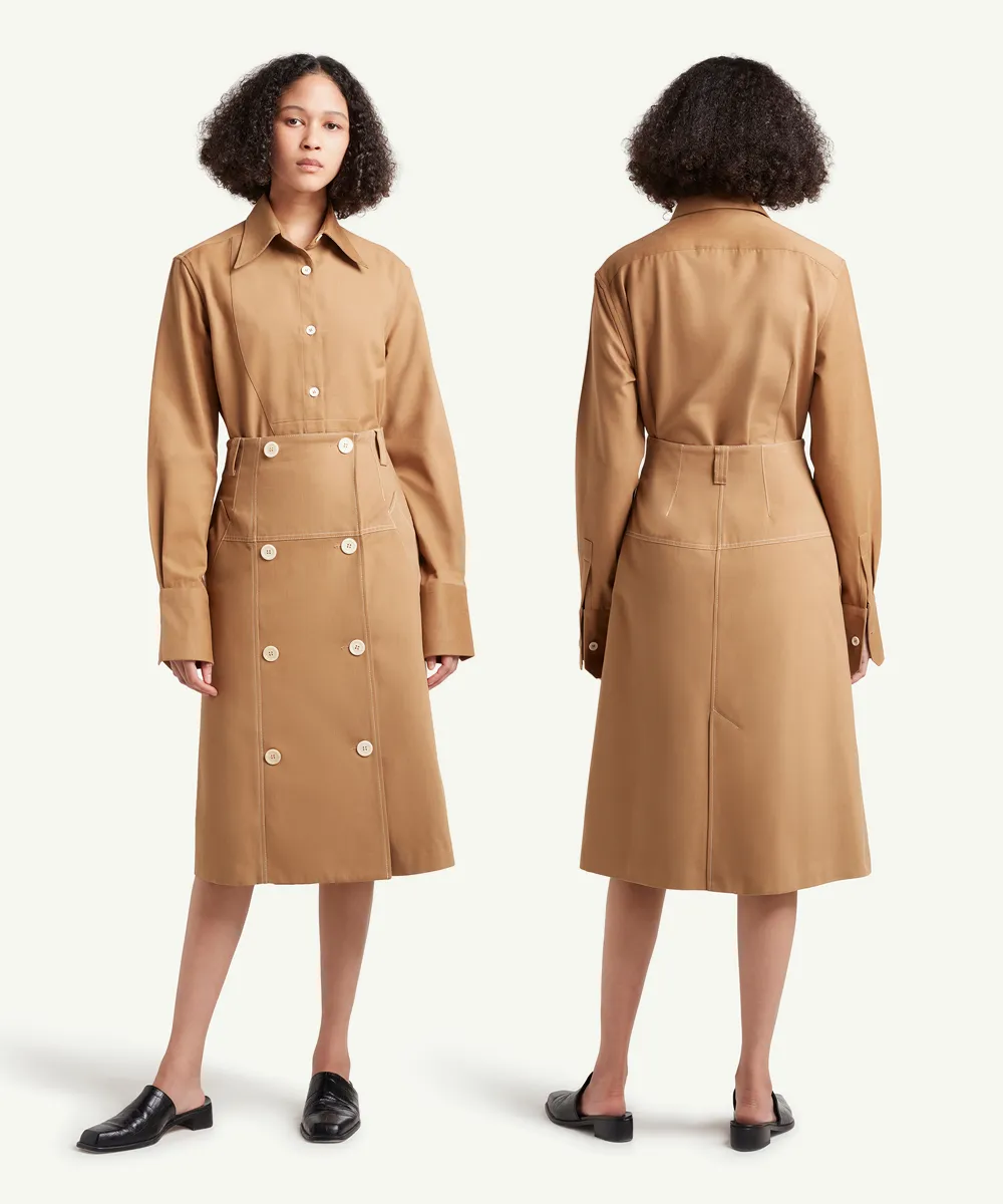 Front and back view of a LRP model wearing a tan button-up shirt dress with large buttons and black loafers.