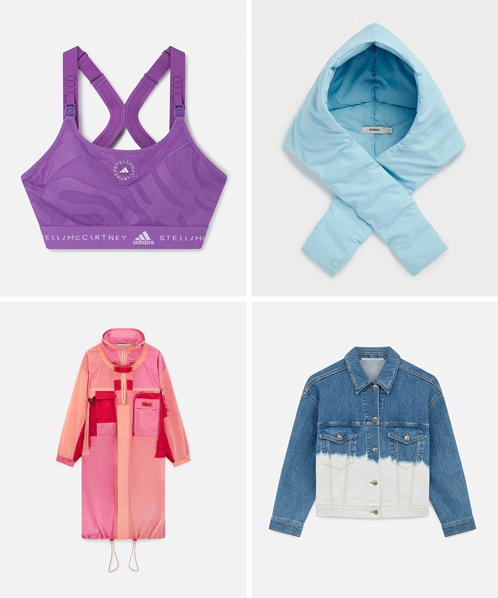 Grid of four e-comeerce product photos: purple sports bra, blue padded hooded scarf, pink long coat, blue and white denim jacket.