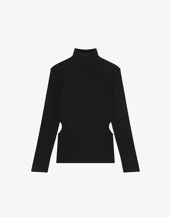 Black long-sleeve turtleneck sweater with side cutouts on a white background.