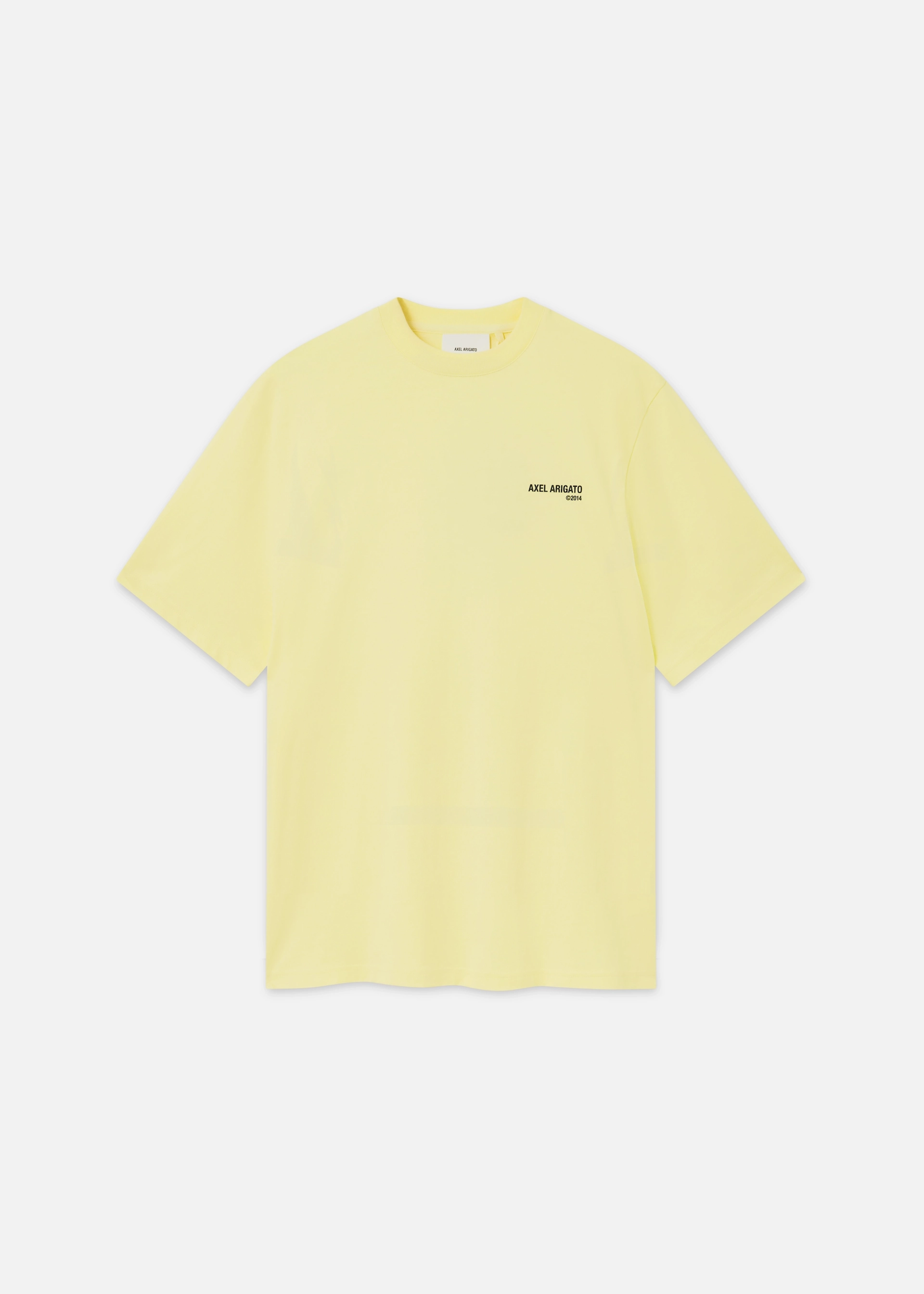 Plain light yellow short-sleeve t-shirt with small black Axel Arigato text on the chest.
