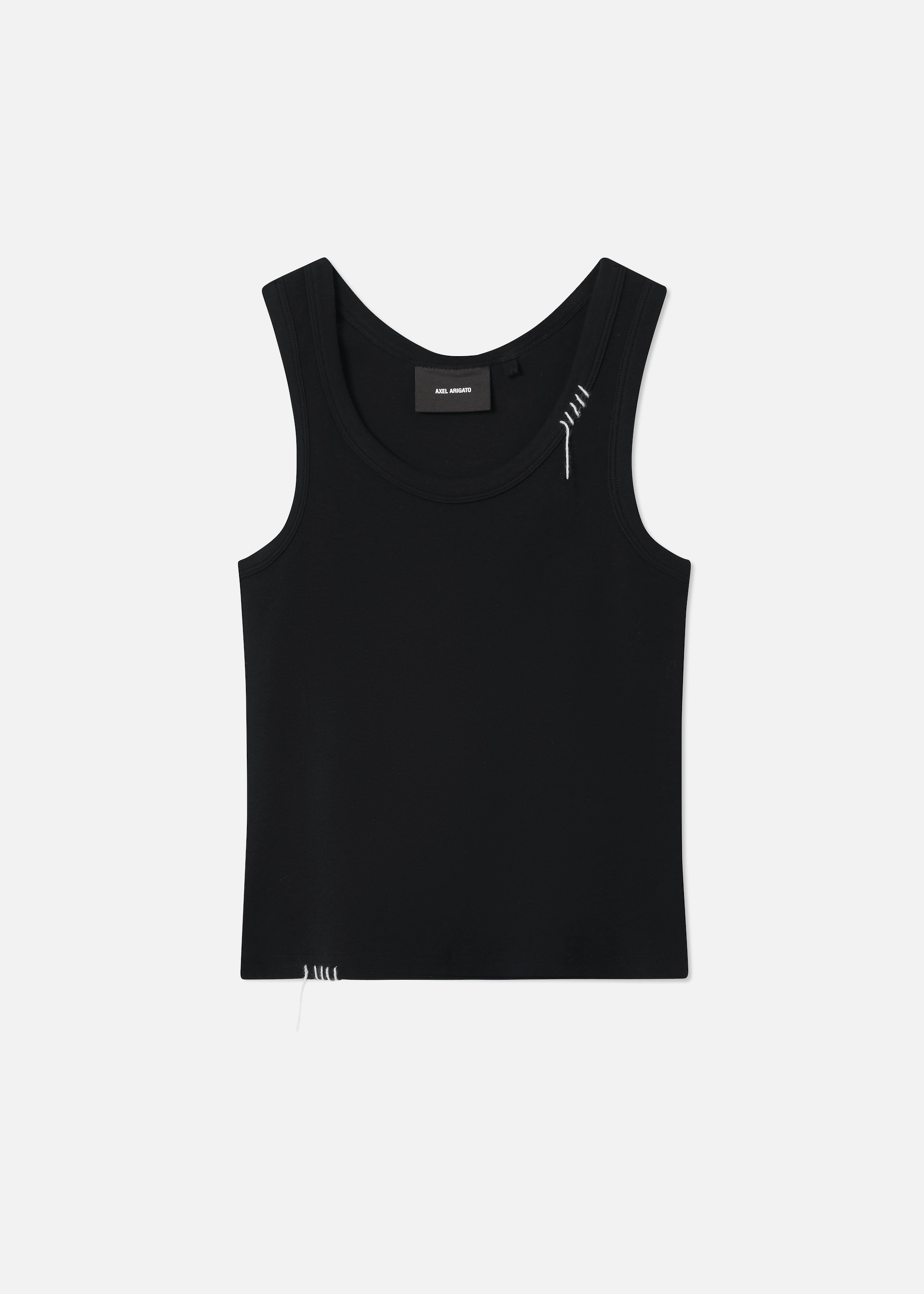 Black sleeveless Axel Arigato crop top with white stitch details near the neckline and hem.