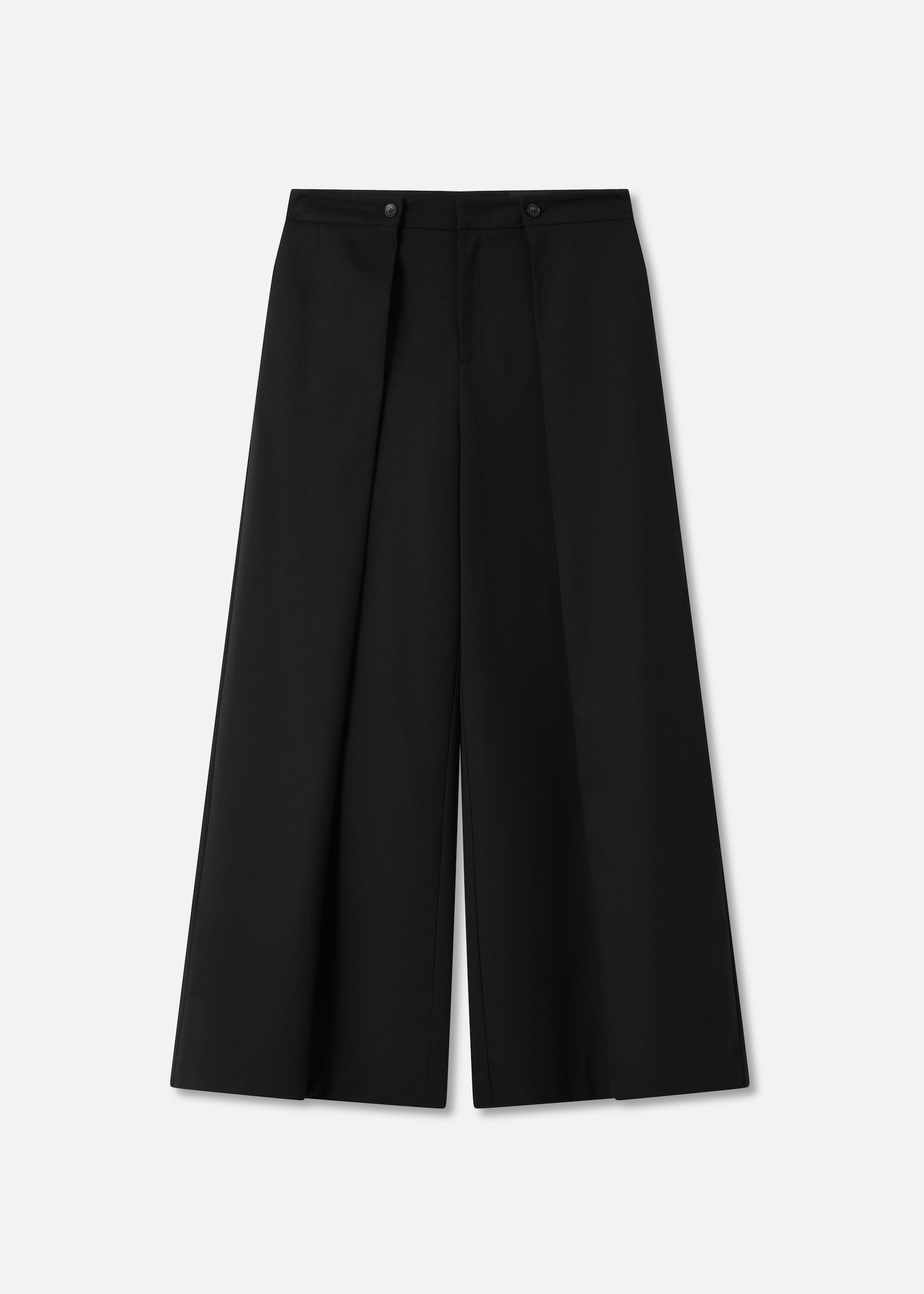 Wide leg black Axel Arigato trousers with front pleats and button accents at the waistband.