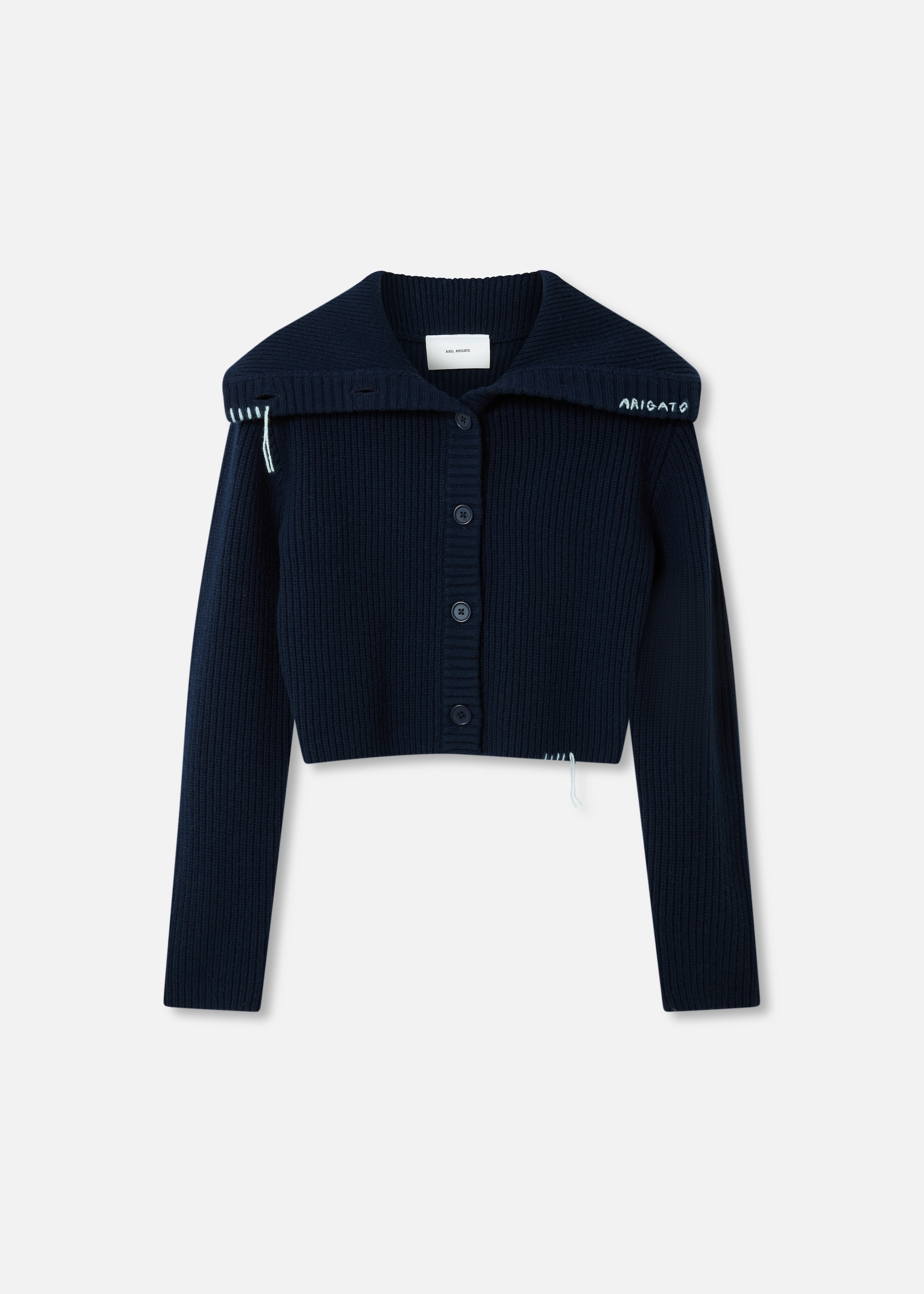 Navy blue cropped Axel Arigato buttoned cardigan with wide collar and light blue embroidered details on collar and hem.