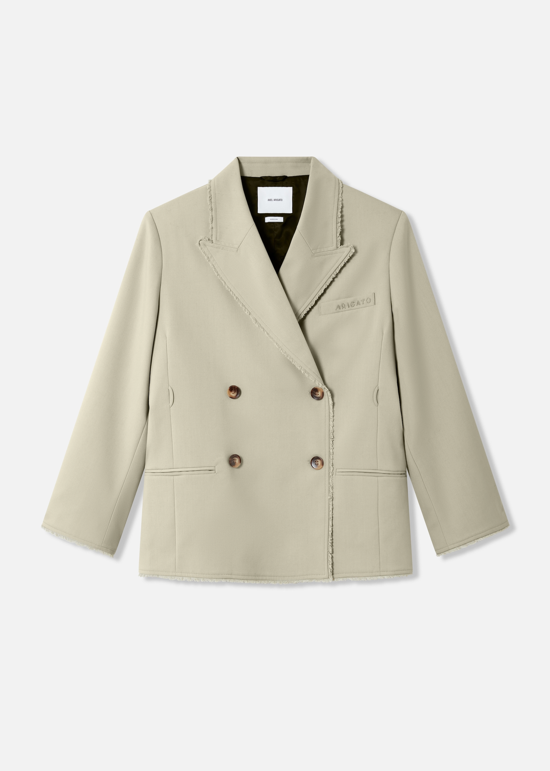 Beige double-breasted Axel Arigato blazer with frayed edges and brown buttons laid flat.