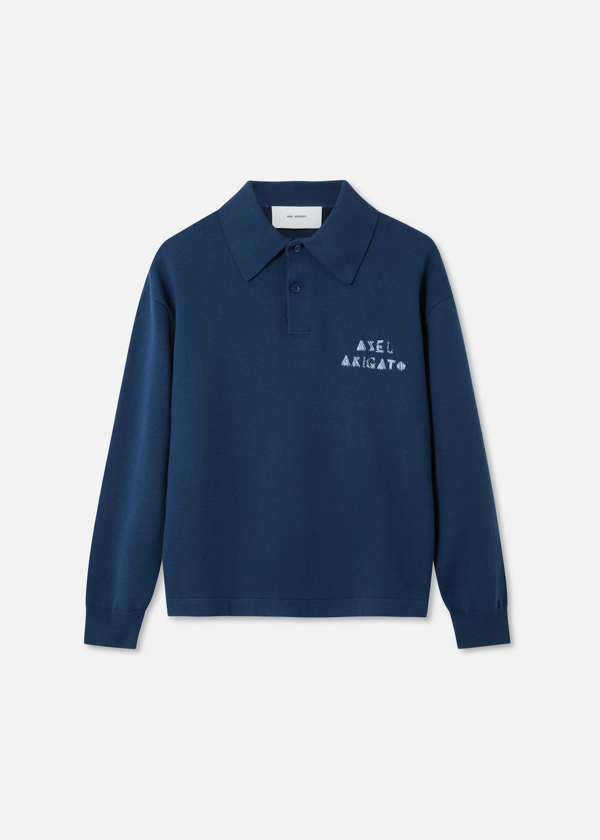 Navy blue long-sleeve polo shirt with Axel Arigato logo on the left chest.