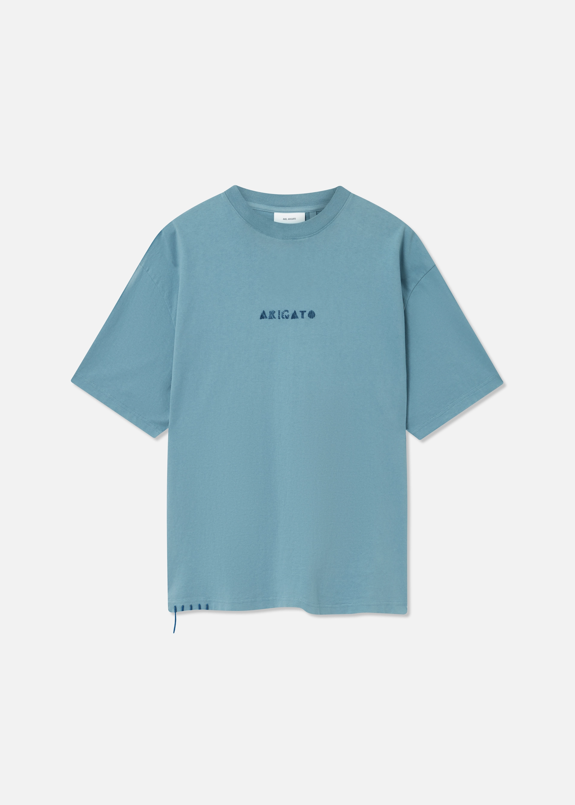 Light blue short-sleeve Axel Arigato t-shirt with 'ARIGATO' embroidered in dark blue on the chest.