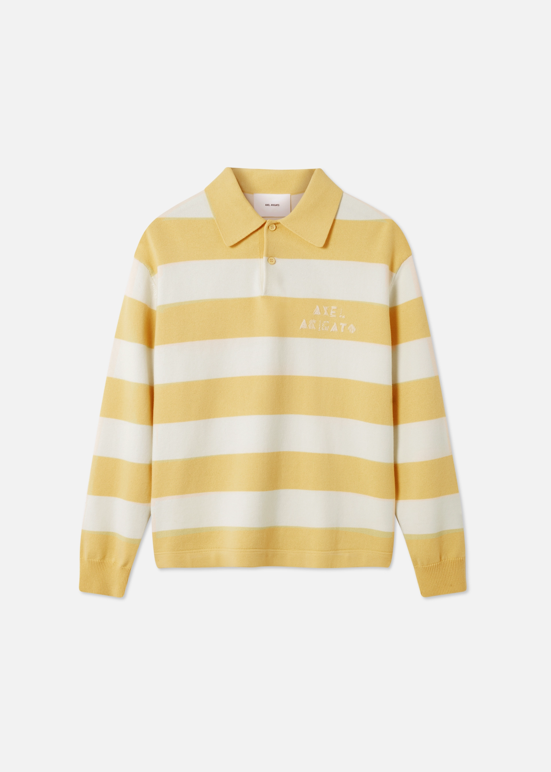 Yellow and white striped long-sleeve polo shirt with two buttons and Axel Arigato logo on chest.