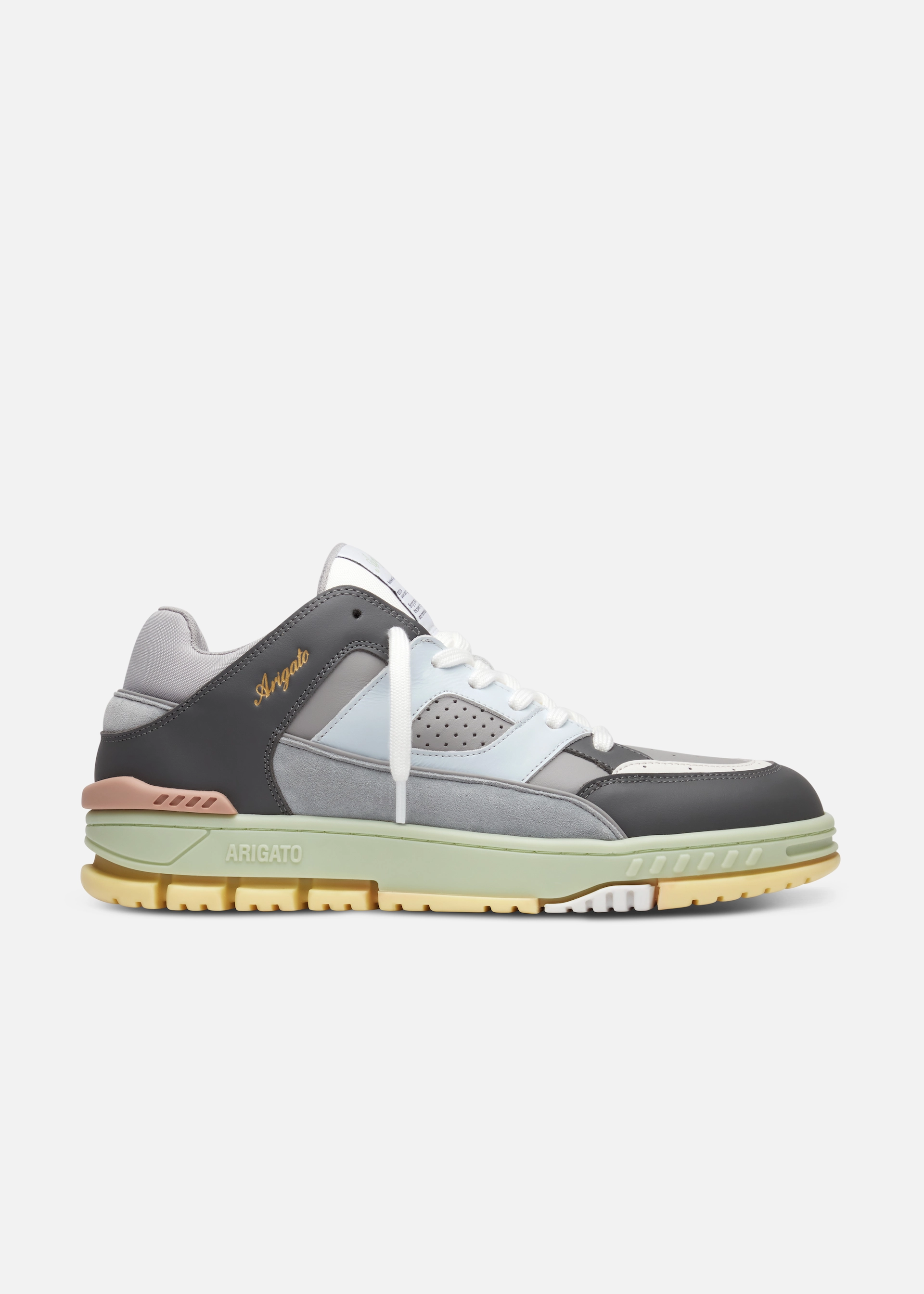 Side view of a low-top Axel Arigato sneaker with gray, white, black, and pastel green with yellow sole.