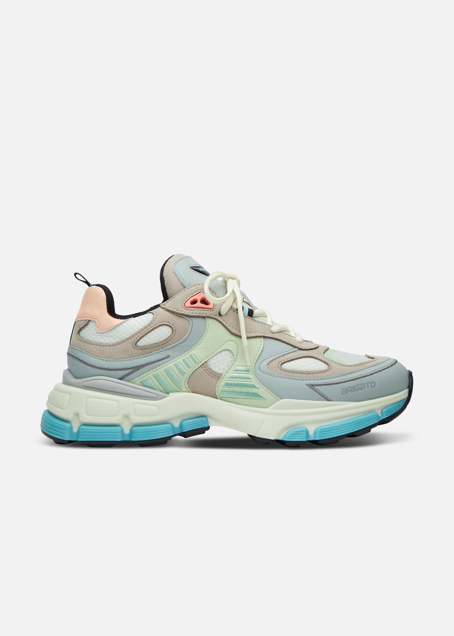 Runner-style Axel Arigato sneaker with pastel blue, green, pink accents and thick outsole with blue tread details.
