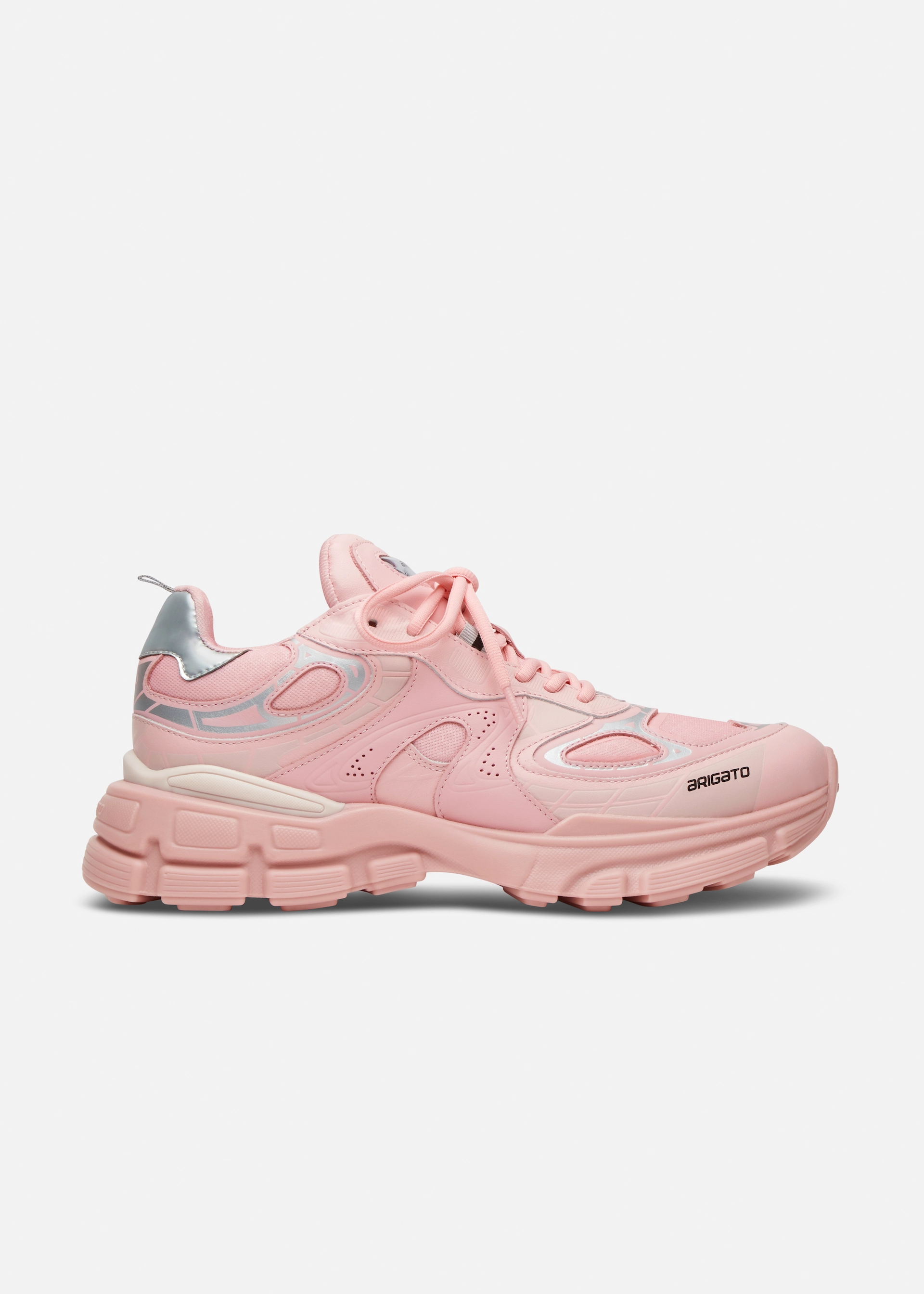 Side view of a pink Axel Arigato sneaker with silver details and chunky sole on white background.