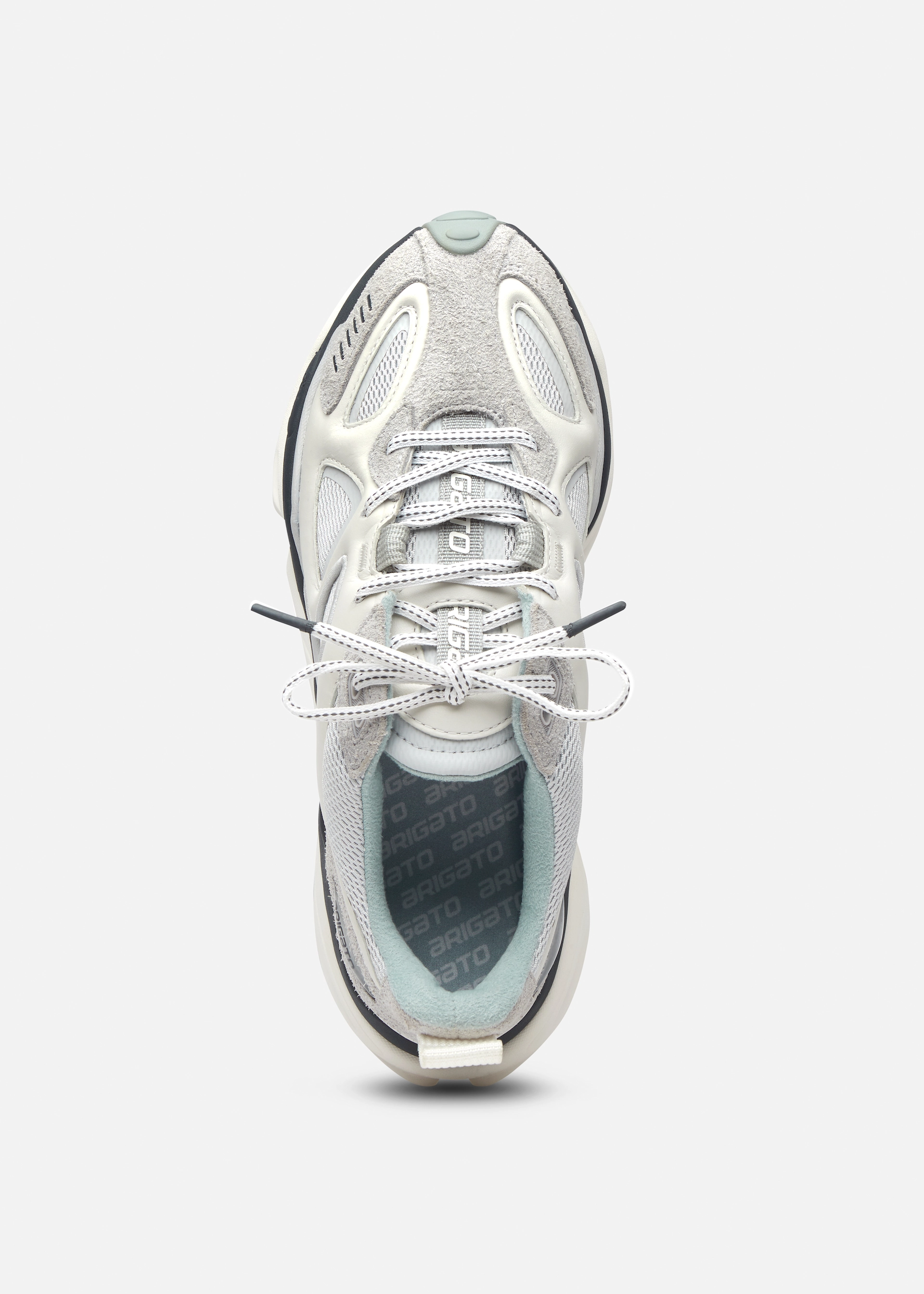 Top view of a white and gray athletic Axel Arigato sneaker with laces tied in a bow and branded insole.