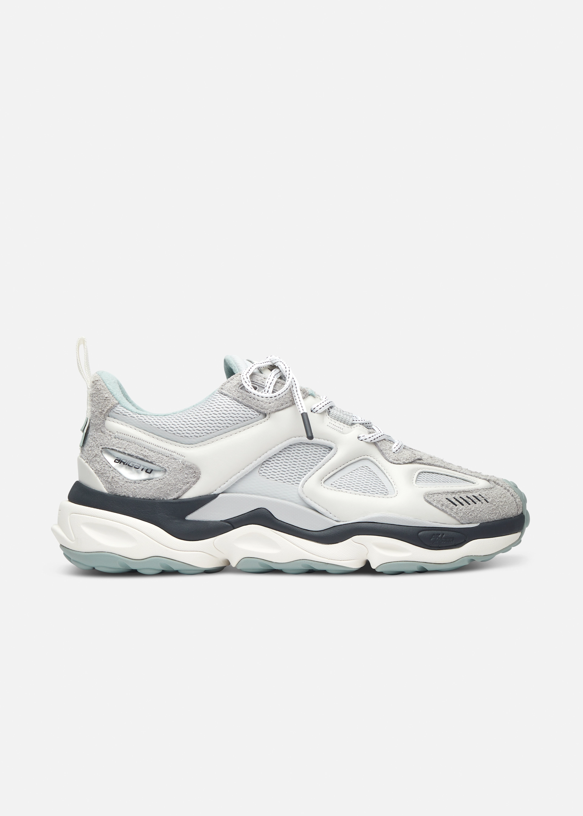 Side view of a white and gray Axel Arigato sneaker with a thick sole and mesh panels.
