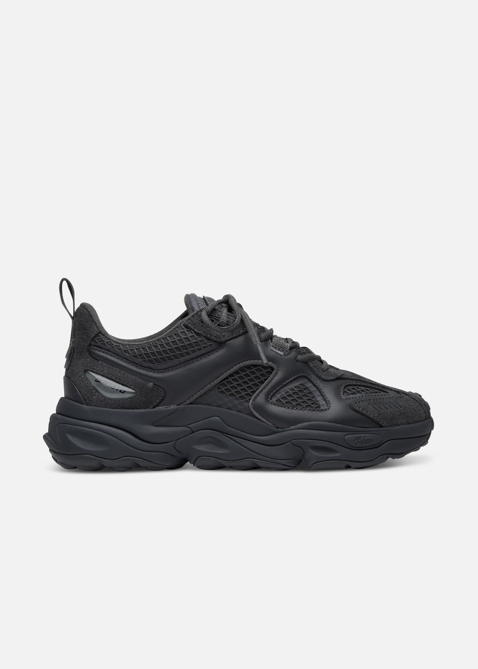 Black chunky Axel Arigato sneaker with mesh and leather panels, thick sole, and lace-up design.