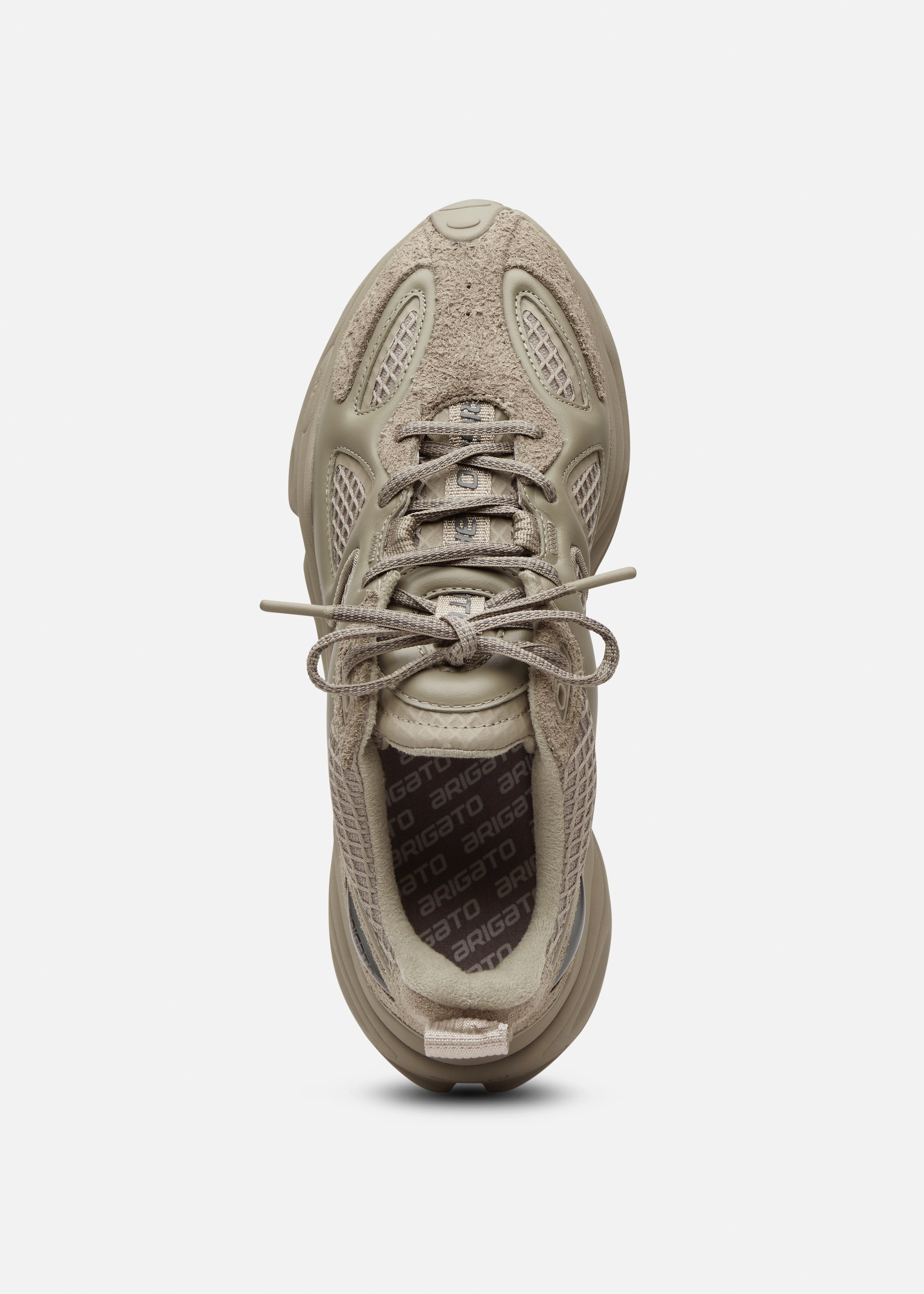 Top view of a beige Axel Arigato sneaker with textured mesh and suede details, tied laces, and branded insole.
