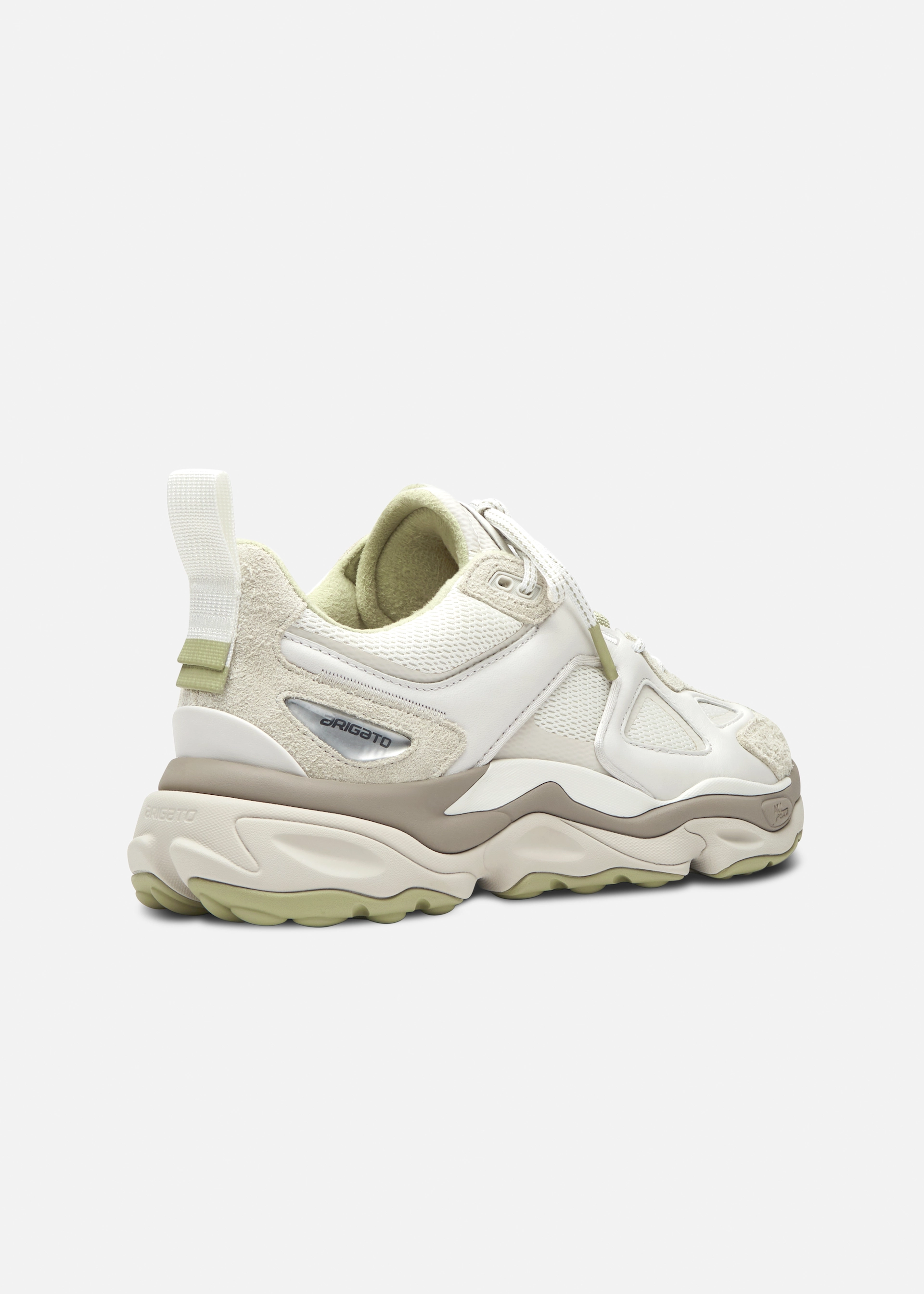 White and beige chunky Axel Arigato sneaker with textured sole and mesh and suede details shown from back side.