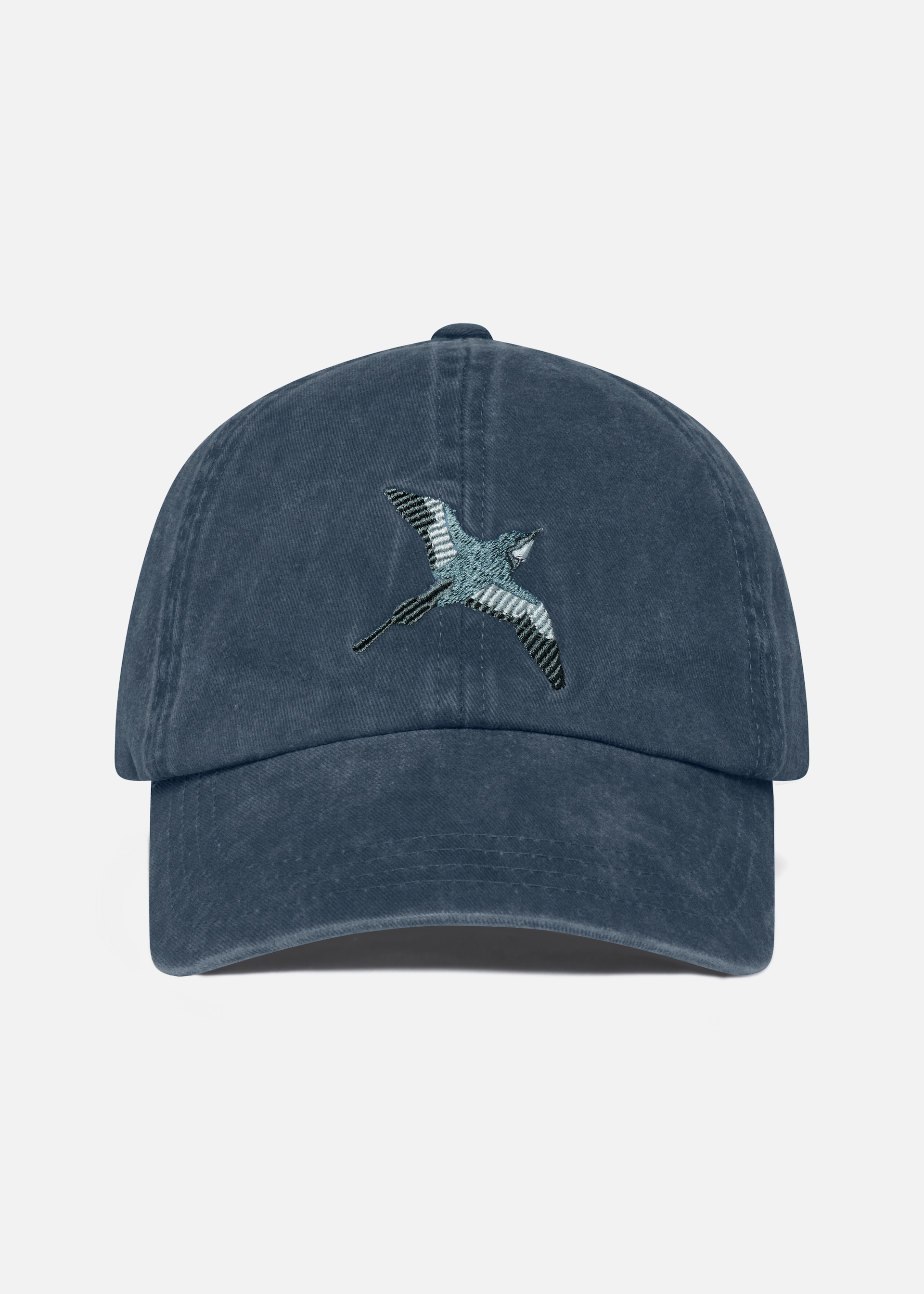 Blue baseball Axel Arigato cap with an embroidered bird in flight on the front center.