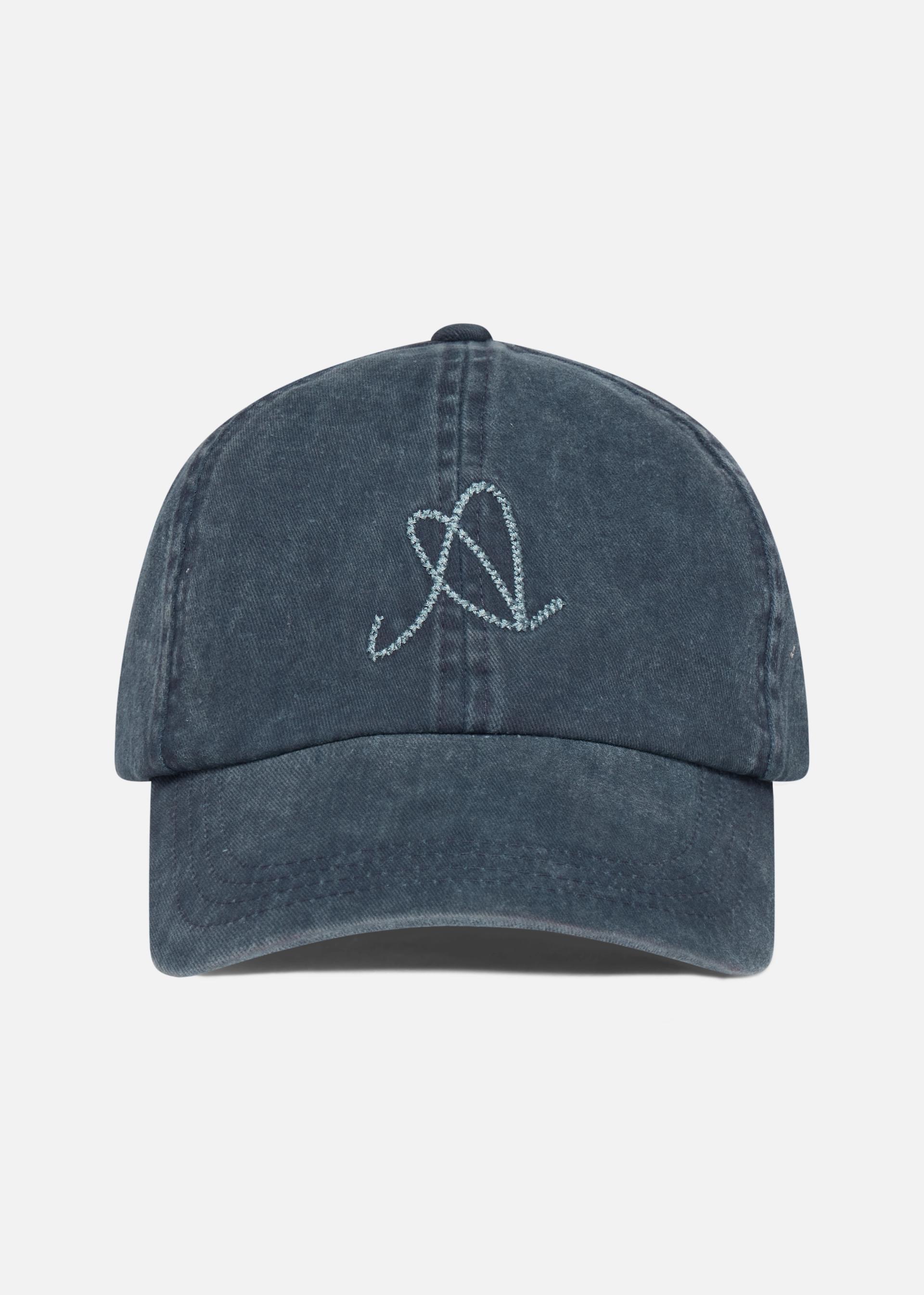 Dark gray Axel Arigato baseball cap with light blue embroidered abstract logo on front.