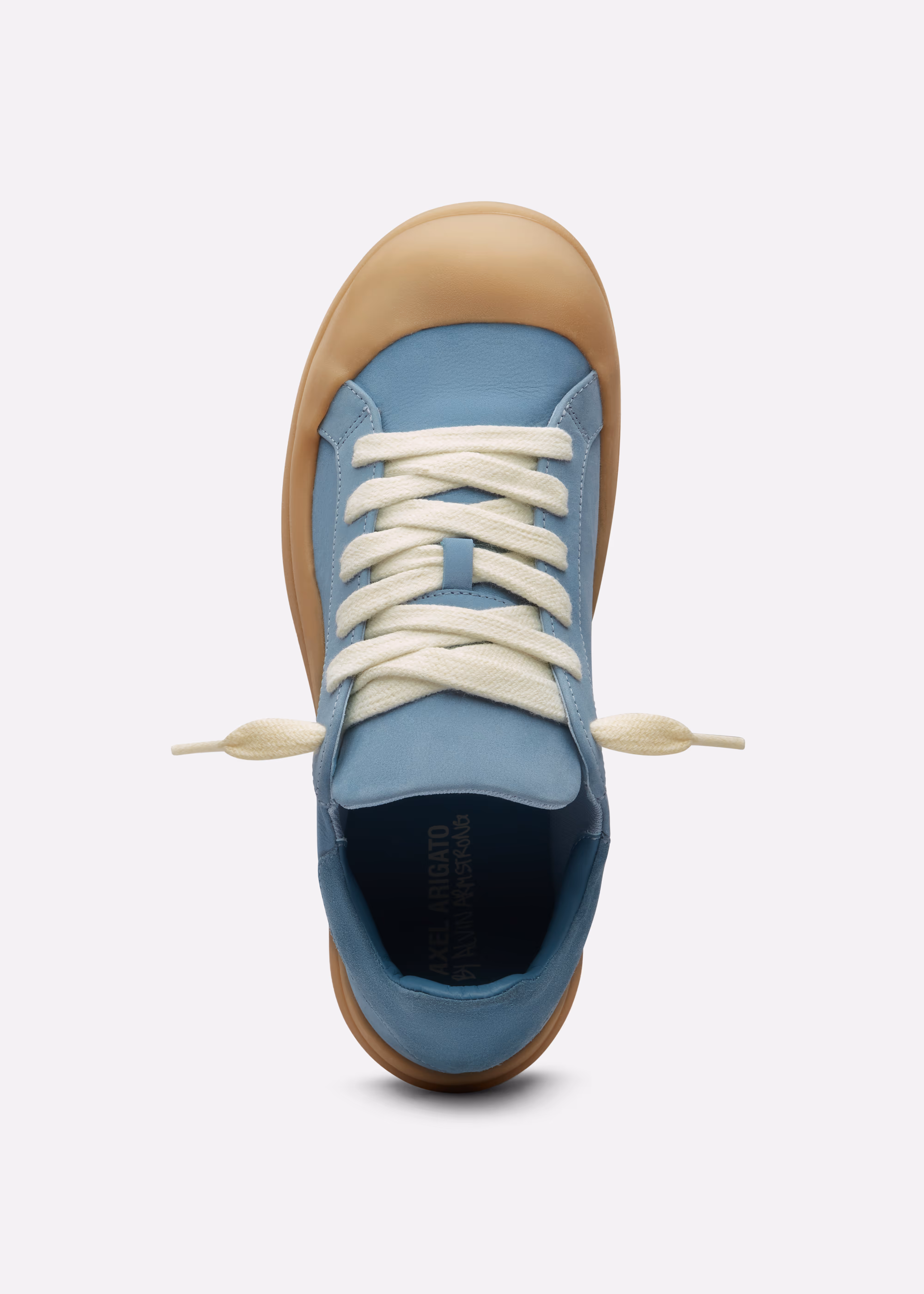 Top view of a Axel Arigato blue sneaker with cream laces and a tan rubber sole on a white background.