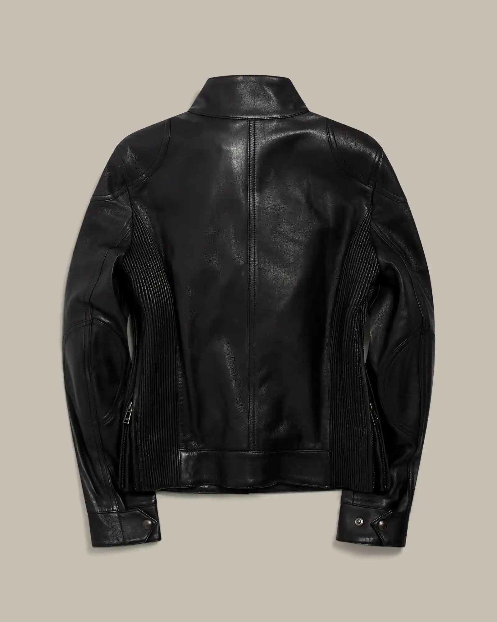 Back view of a black Belstaff leather jacket with zippered sides and ribbed panel detailing.