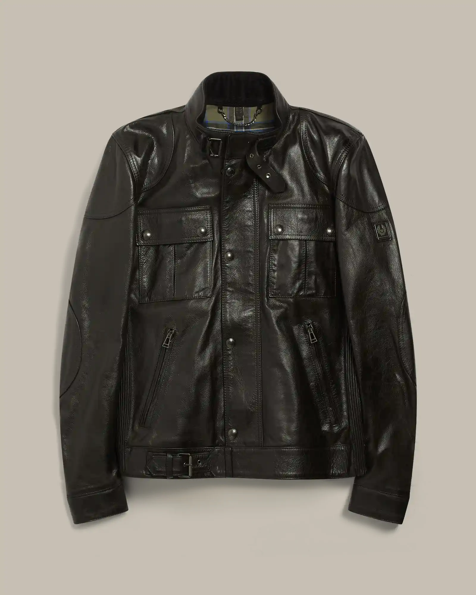 Black Belstaff leather jacket with front flap pockets, zippered side pockets, and buckle detail at the collar and waist.