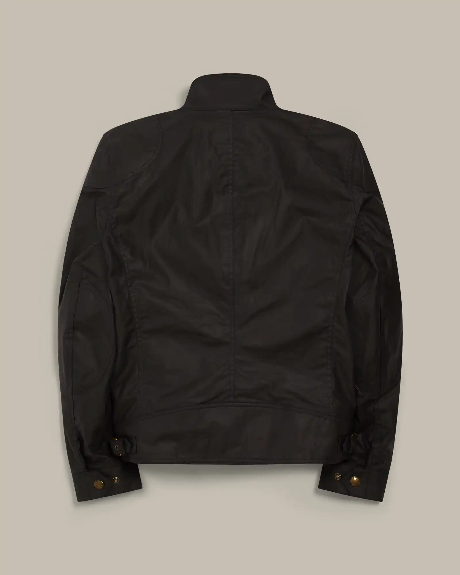 Back view of a black Belstaff jacket with a stand-up collar and buttoned cuffs on a neutral background.